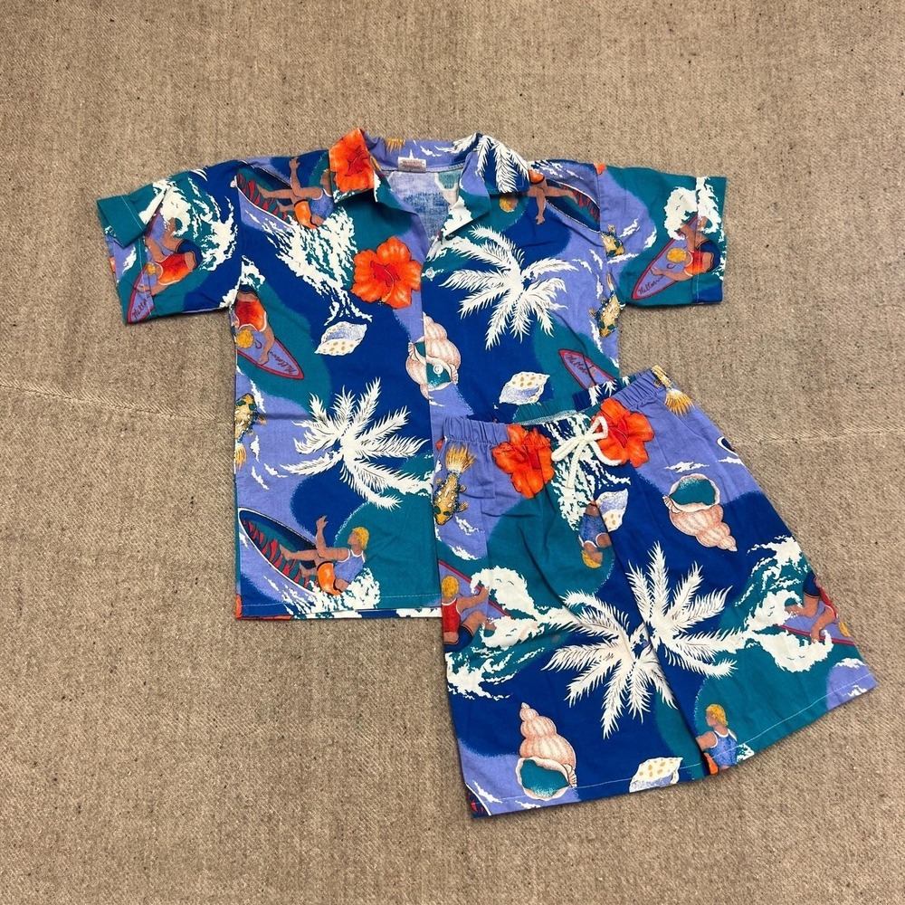 Vintage Milton Button Up Hawaiian Shirt Kids 14 Blue 1980s Shorts